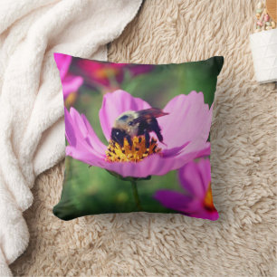 Bumble Bee On Pink Cosmos Flower Close Up  Cushion