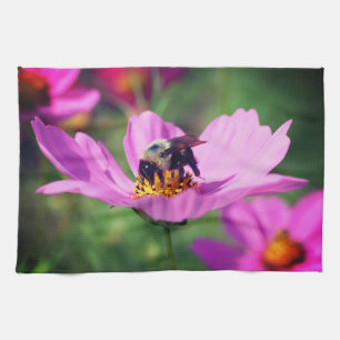 Bumble Bee On Pink Cosmos Flower Tea Towel