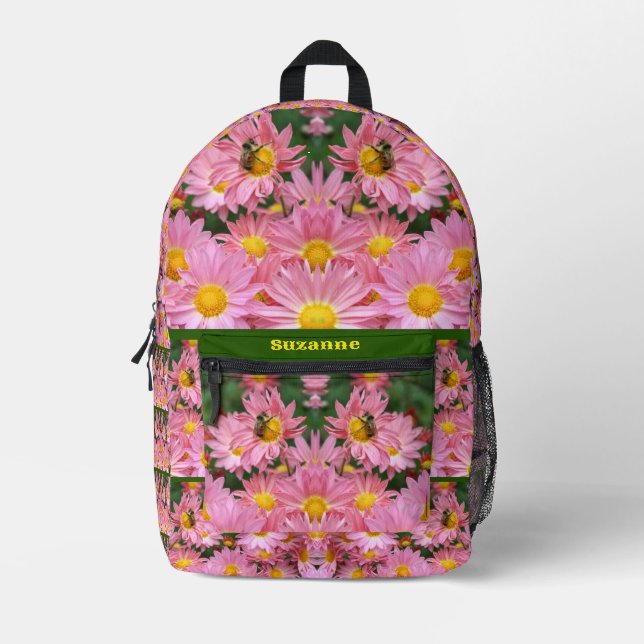 Bumble Bee On Pink Daisies Personalised Printed Backpack (Front)