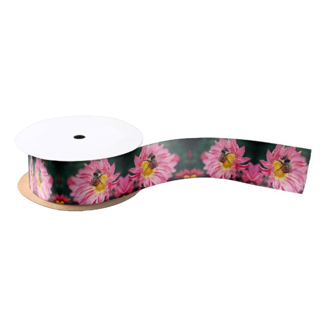 Bumble Bee On Pink Daisy Flower   Satin Ribbon (Spool)