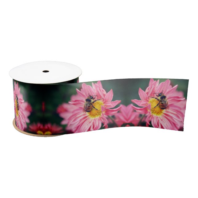 Bumble Bee On Pink Daisy Flower   Satin Ribbon (Spool)