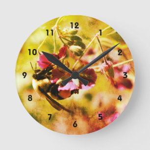 Bumble Bee On Pink Flower Abstract Distressed Round Clock