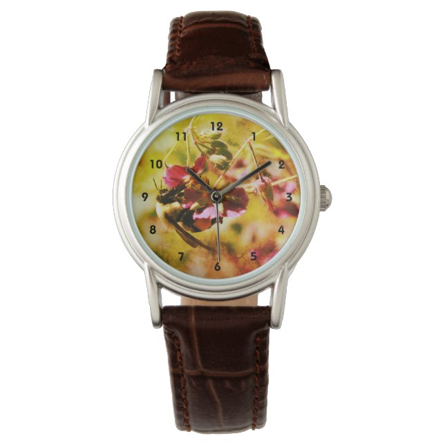 Bumble Bee On Pink Flower Abstract Distressed  Watch (Front)