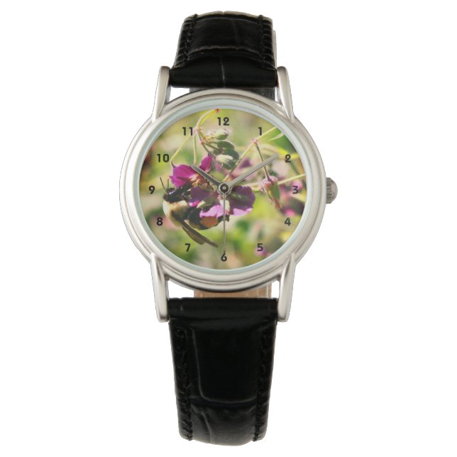 Bumble Bee On Pink Flower Close Up  Watch (Front)