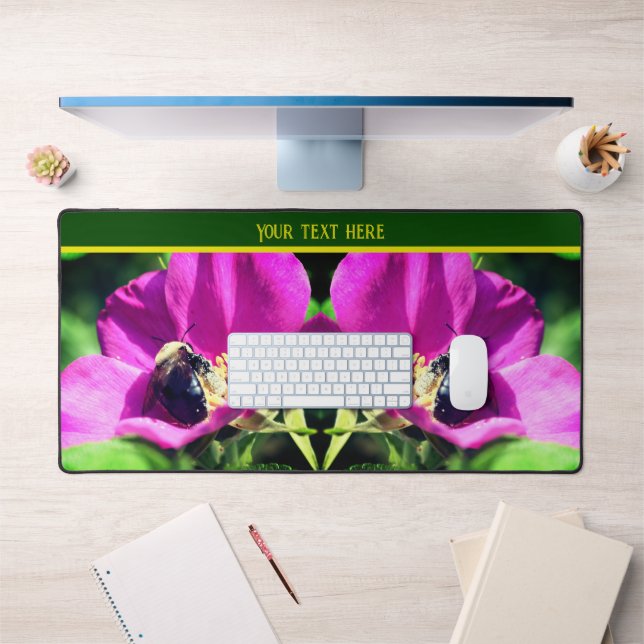 Bumble Bee On Pink Rose Nature Personalised Desk Mat (Office 1)