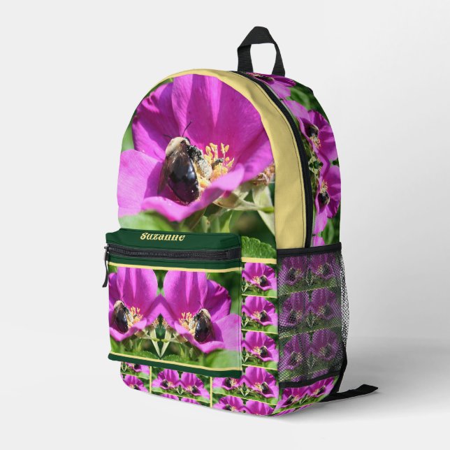 Bumble Bee On Pink Rose Personalised Printed Backpack (Back Corner Right)