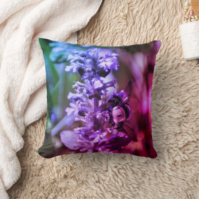 Bumble Bee On Purple Flower Abstract Colours  Cushion (Blanket)