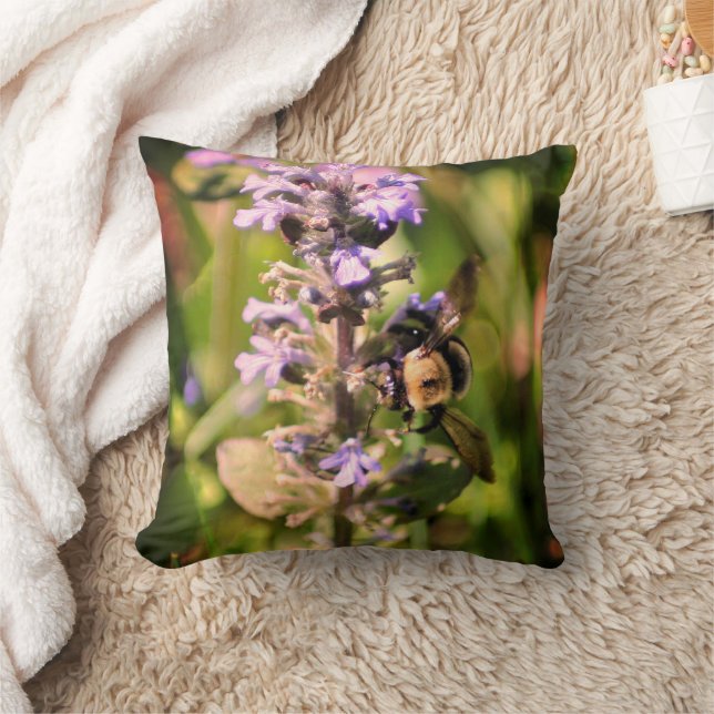 Bumble Bee On Purple Flower Close Up Cushion (Blanket)