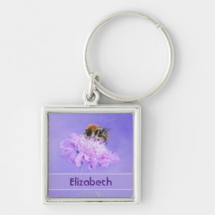 Bumble Bee Perched on a Pink Flower Personalised Key Ring