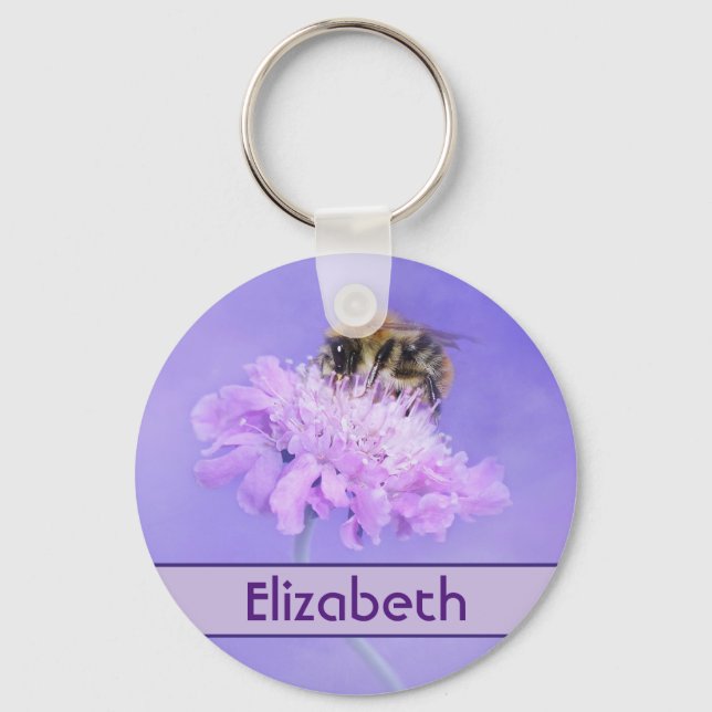 Bumble Bee Perched on a Pink Flower Personalised Key Ring (Front)