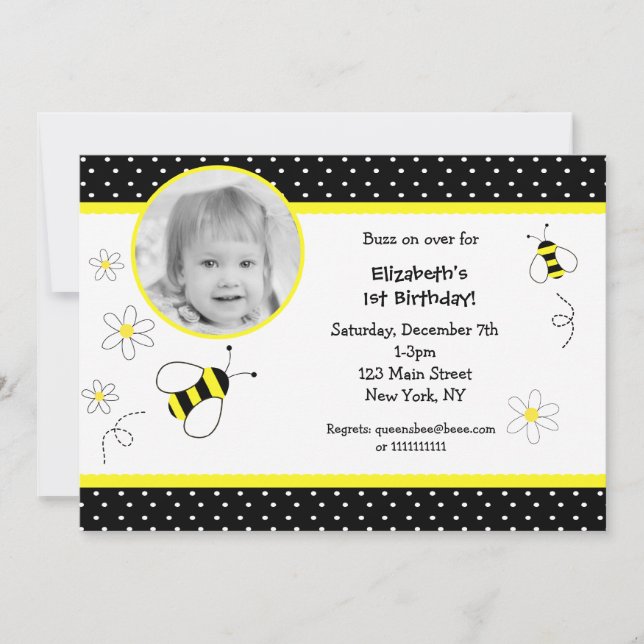 Bumble Bee Photo Birthday invitations (Front)
