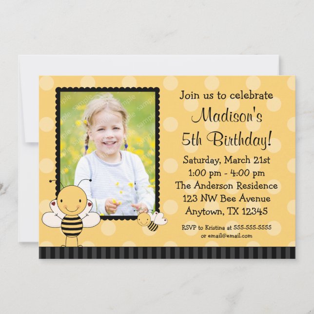 Bumble Bee Photo Birthday Party Invitations (Front)