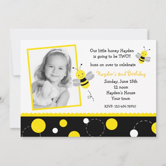 Bumble Bee Photo Birthday Party Invitations (Front)