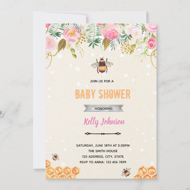 Bumble bee pink floral birthday party invitation (Front)