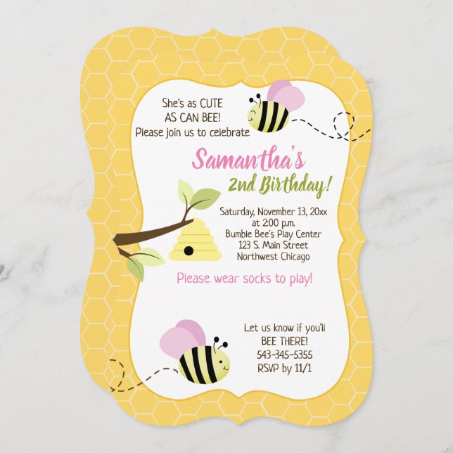 Bumble Bee Pink Girl Any Age Birthday Invitation (Front/Back)