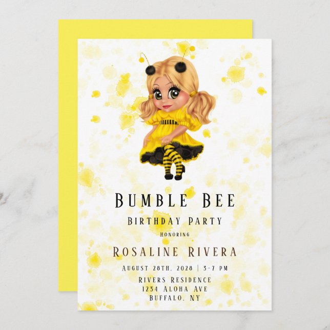 Bumble Bee Preteen Girl Birthday Party Invitation (Front/Back)