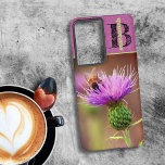 Bumble Bee Purple Thistle Flower Close-Up Photo Samsung Galaxy Case<br><div class="desc">A close-up photograph of a pollen laden busy bee head down in a purple Thistle flower fills the case back bottom. The top offers template initial letter monogram in black and name in a complementary green. Personalise the text, remove text or edit using the design tool to select a font...</div>