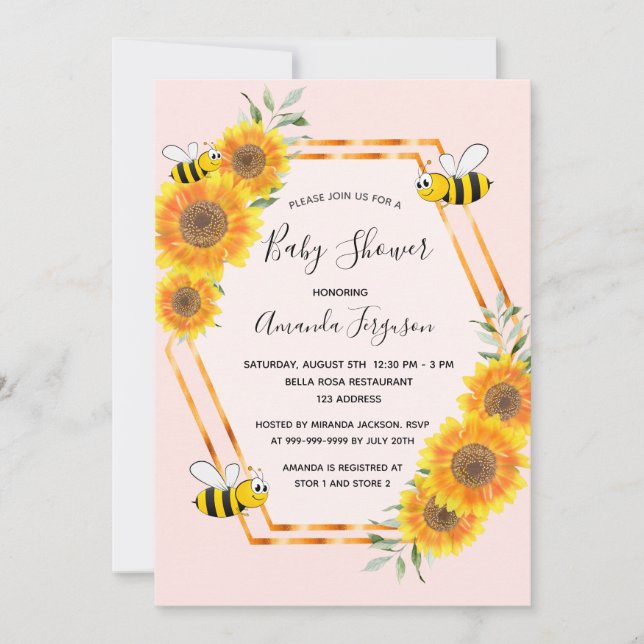 Bumble bee rose gold pink sunflowers baby shower invitation (Front)