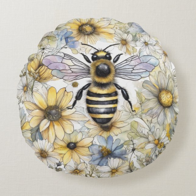 Bumble Bee spring floral painted. Round Cushion (Front)