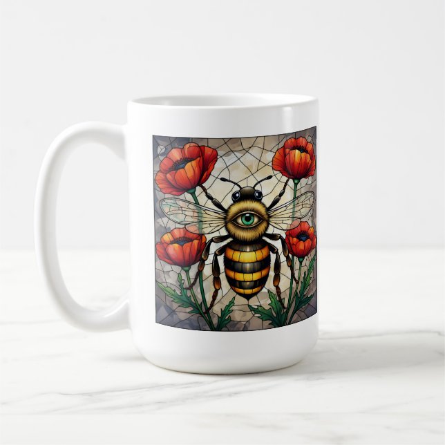 Bumble bee stained glass vibrant poppy flower eye coffee mug (Left)
