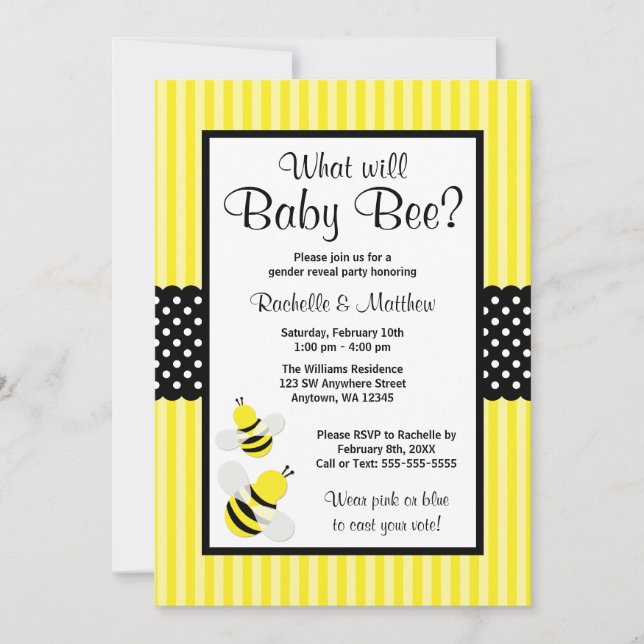 Bumble Bee Striped Dots Gender Reveal Baby Shower Invitation (Front)