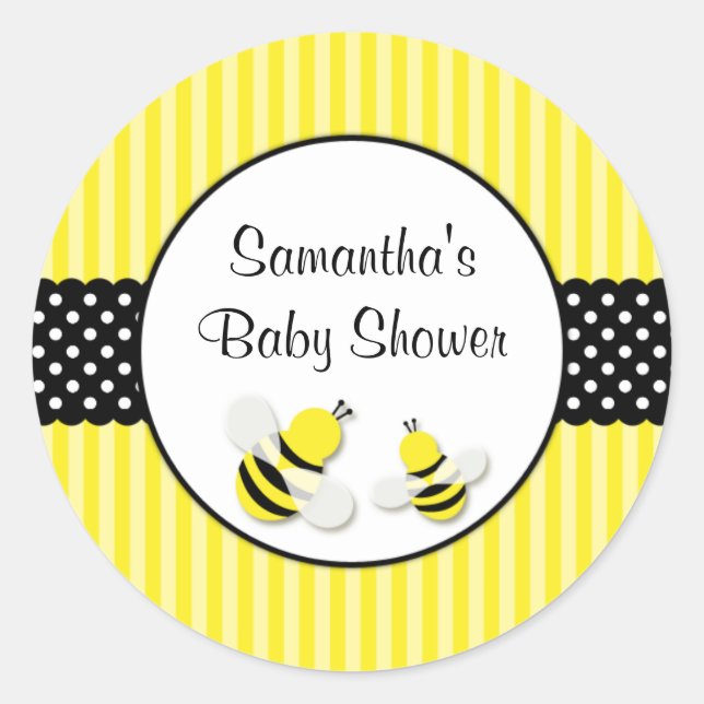Bumble Bee Striped Polka Dots Baby Shower Classic Round Sticker (Front)