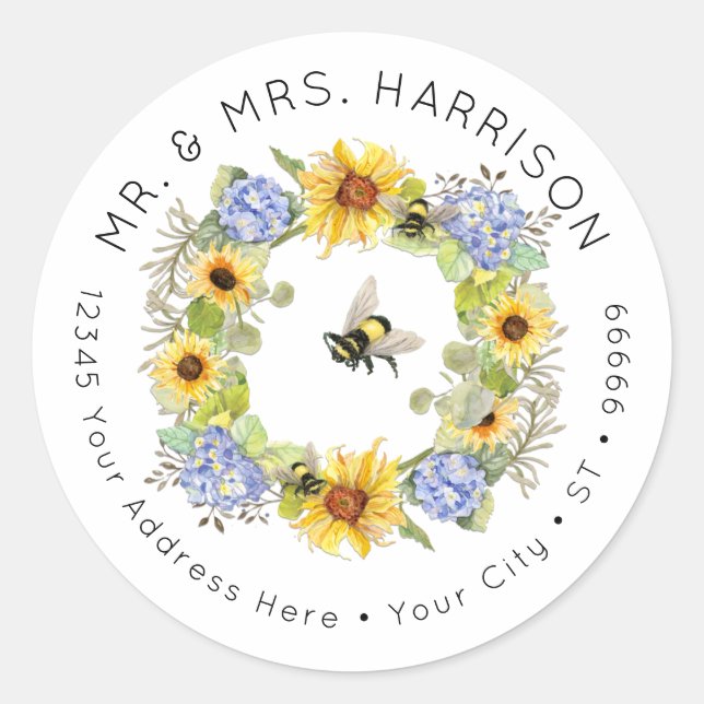 Bumble Bee Sunflower Hydrangea Floral Address Clas Classic Round Sticker (Front)