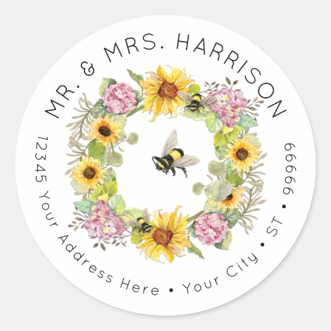 Bumble Bee Sunflower Hydrangea Floral Address Classic Round Sticker (Front)