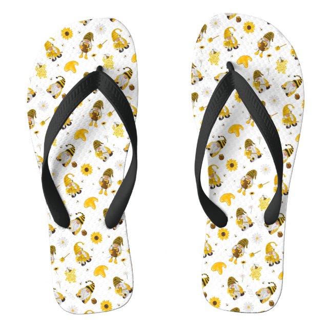 Bumble Bee Sunflower Yellow Gnome Flip Flops (Footbed)