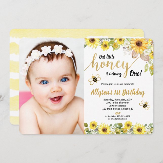 Bumble bee sunflowers birthday yellow photo invitation (Front/Back)
