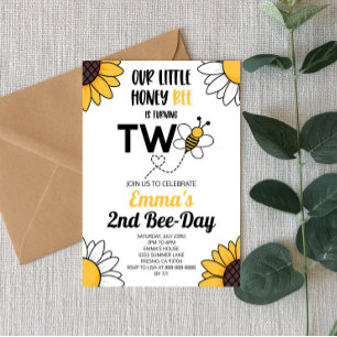 Bumble Bee Sunflowers Second 2nd Birthday Party Invitation