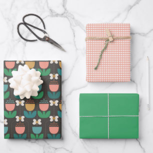 Bumble Bee & Tulips Pink & Black Monogram Initial Wrapping Paper Sheet