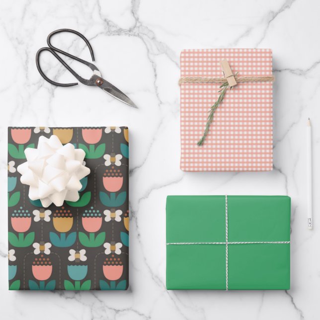 Bumble Bee & Tulips Pink & Black Monogram Initial Wrapping Paper Sheet (Front)
