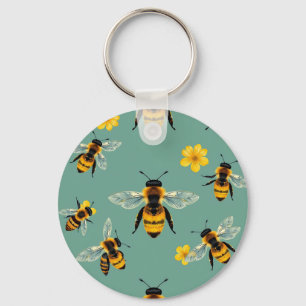 Bumble Bee Watercolor Realistic Honeycomb  Key Ring
