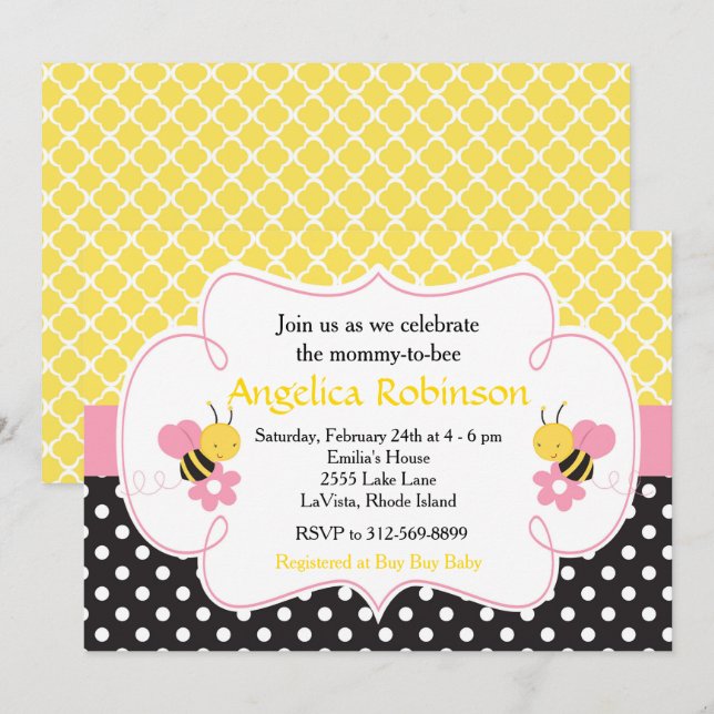 Bumble Bee Yellow and Black Baby Shower (Girl) Invitation (Front/Back)