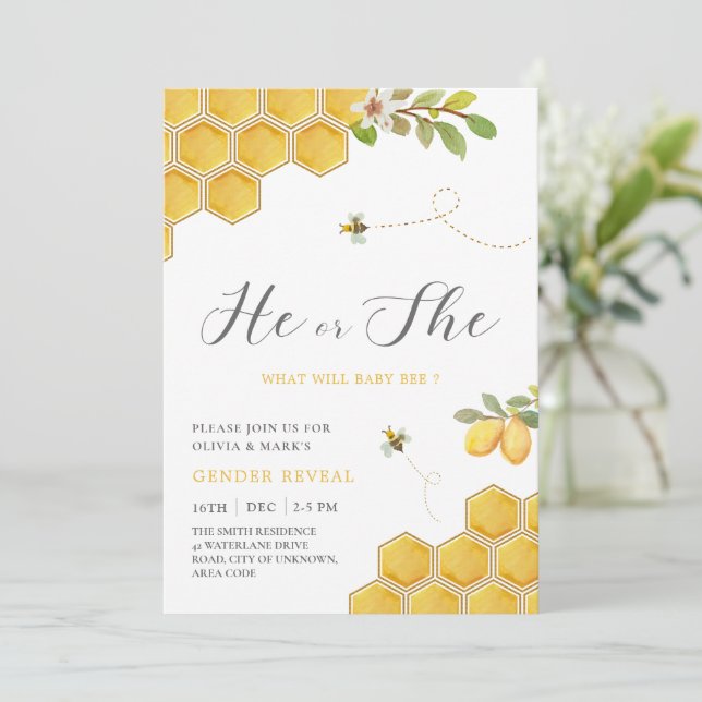 Bumble Bee Yellow Honeycomb Baby Gender Reveal Invitation (Standing Front)