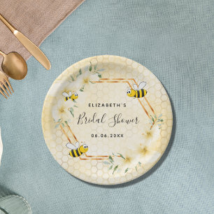 Bumble bee yellow honeycomb floral bridal shower paper plate