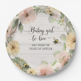 Bumble Bee Yellow Pink Flowers Watercolor Baby Paper Plate