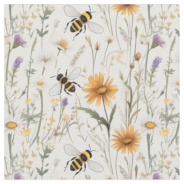Bumble Bees And Wildflowers, Fabric (Close Up)