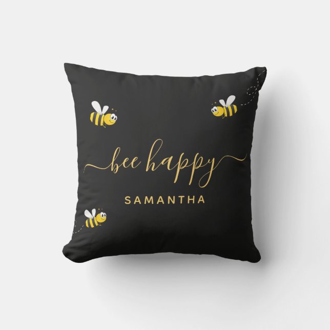 Bumble bees be happy black gold monogram cushion (Front)