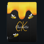 Bumble bees black honey dripping monogram iPad pro cover<br><div class="desc">A stylish black background and happy smiling bumble bees. Decorated with sweet,  golden honey dripping. Personalise and add your name and monogram initials,  golden and white letters.  The name is written with a hand lettered style script.</div>
