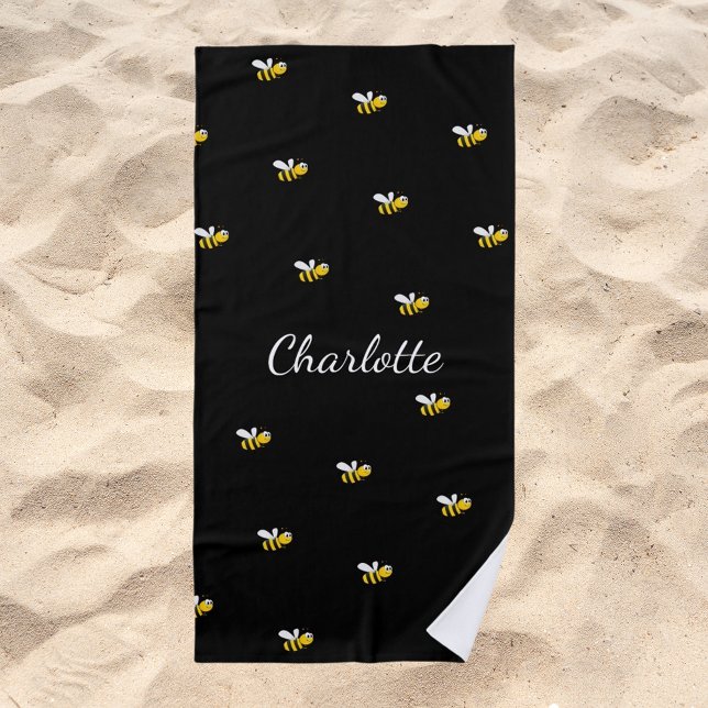 Bumble bees black monogram name script beach towel (Creator Uploaded)