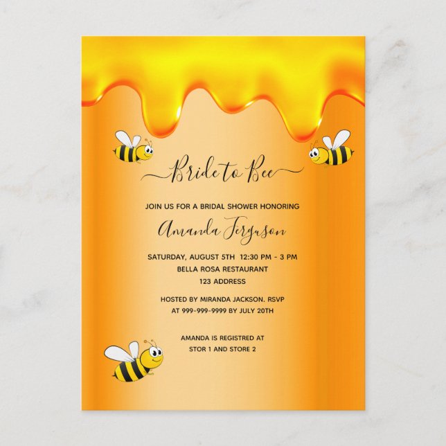 Bumble bees bride to bee honey drips bridal shower postcard (Front)