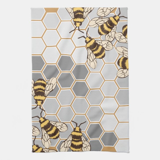 Bumble Bees Grey Honeycomb Tea Towel (Vertical)