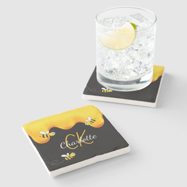 Bumble bees honey dripping monogram black golden stone coaster (Side)