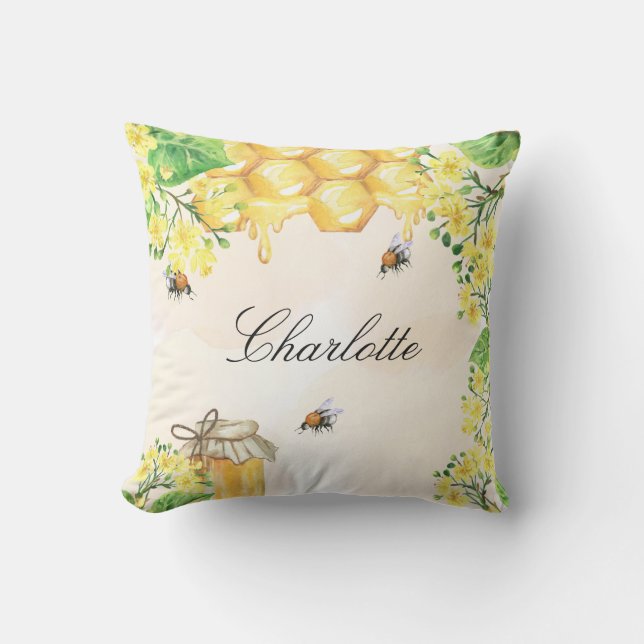 Bumble bees honey yellow floral name script cushion (Front)
