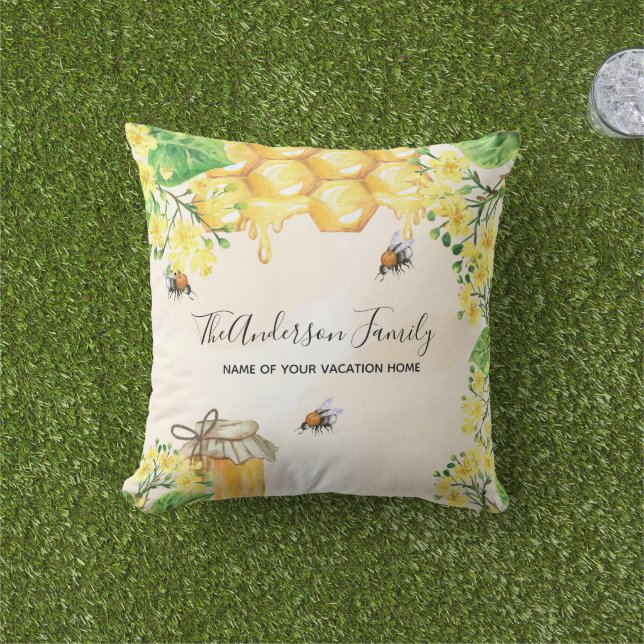 Bumble bees honey yellow florals family monogram cushion (Grass)
