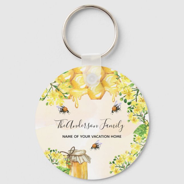 Bumble bees honey yellow florals family monogram key ring (Front)