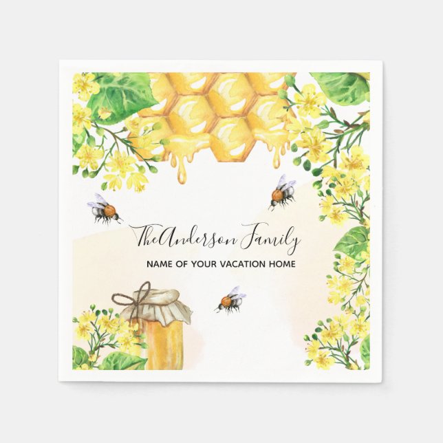 Bumble bees honey yellow florals family monogram napkin (Front)