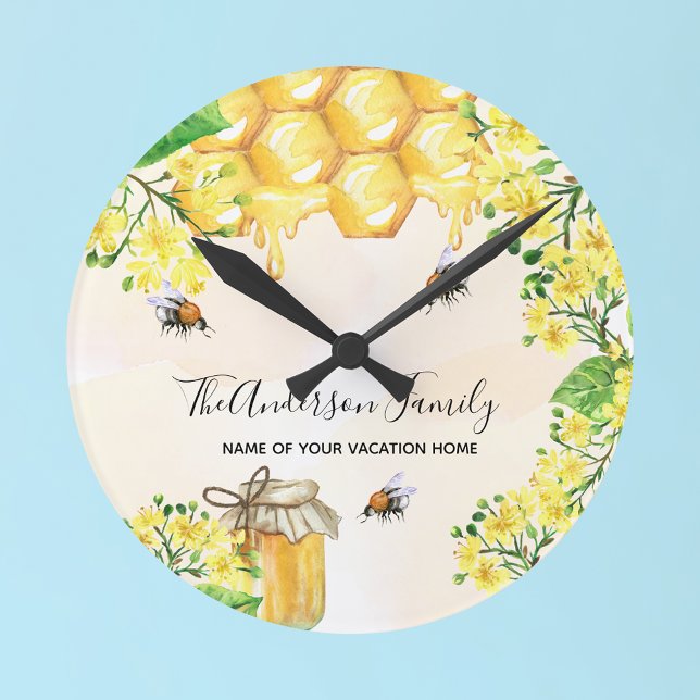 Bumble bees honey yellow florals family monogram round clock (Creator Uploaded)